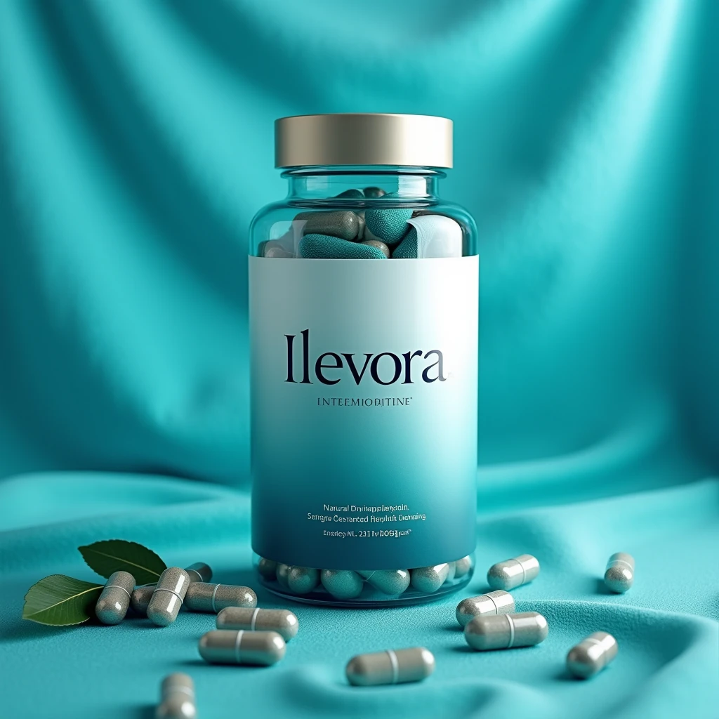 Ilevora dietary supplement bottle with teal and indigo gradient design